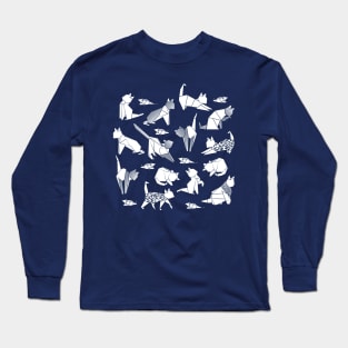 Origami kitten friends // blue navy background paper cats Long Sleeve T-Shirt